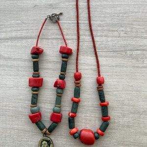 Coral,  turquoise necklaces, Frida Kahlo pendant